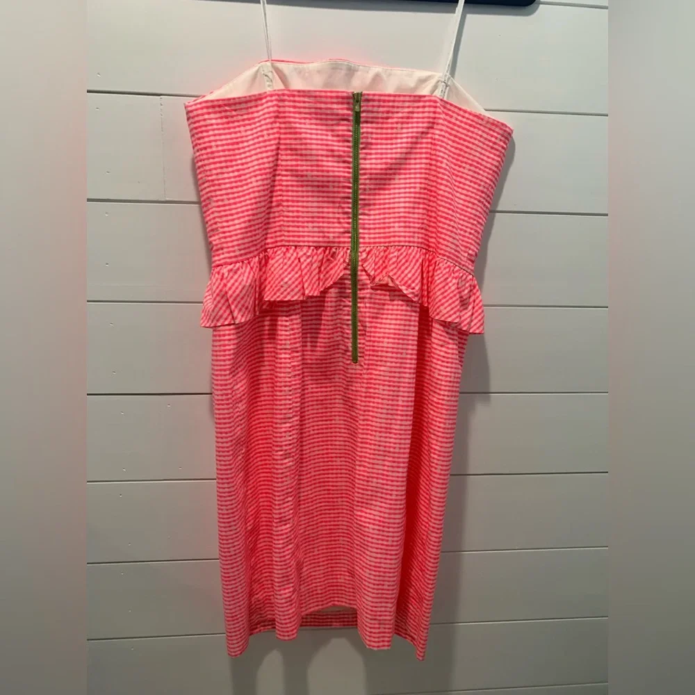 Lilly Pulitzer, size 8 hot pink gingham pencil dress, with cute ruffle detail. - Picture 2 of 12
